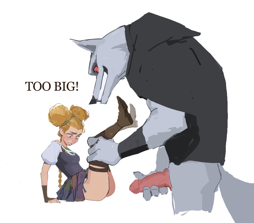 amugea anthro canid canine clothes death_(puss_in_boots) dreamworks dreamworks_animation female genitals goldilocks goldilocks_(puss_in_boots) goldilocks_and_the_three_bears human impossible_fit knot large_penis larger_male male penis penis_awe puss_in_boots_(dreamworks) puss_in_boots_the_last_wish size_difference smaller_female source_request text too_big uncensored wolf