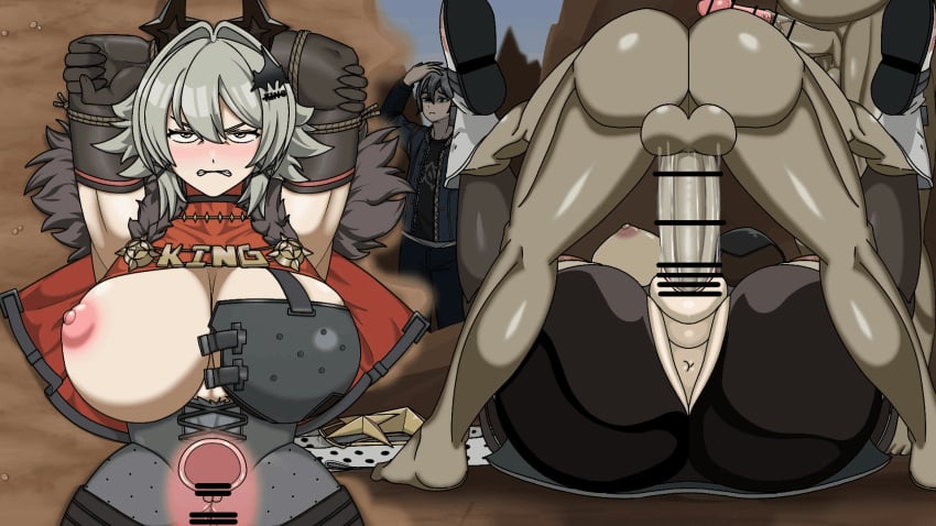 1girls 2d 2d_animation 3boys animated animated_image ass balls bar_censor big_breasts breasts brown_eyes brown_hair caesar_king_(zenless_zone_zero) censor_bar censored clothed clothed_female_nude_male clothed_sex clothing colored_skin completely_nude completely_nude_male erection female goblin goblin_male green_body green_skin huge_breasts huge_cock legs_up lying male male/female medium_hair monster nipples nude nude_male one_breast_out penis sex testicles vaginal_penetration vein veins veiny veiny_penis x-ray zenless_zone_zero