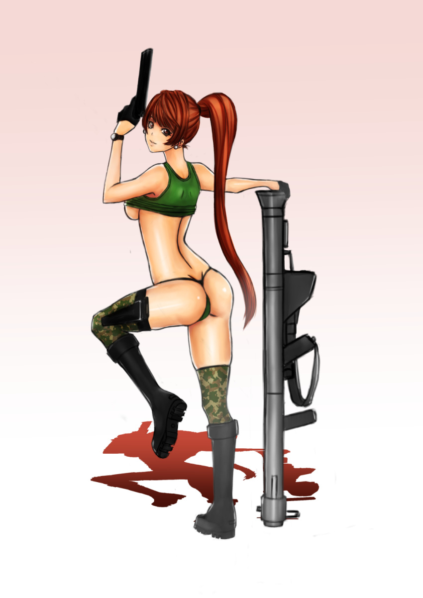 1girls ass back black_gloves boots brown_eyes brown_hair camouflage camouflage_stockings camouflage_thighhighs earrings eizen10 female gloves gradient gradient_background green_panties gun holster long_hair looking_at_viewer looking_back military on_one_foot original panties ponytail sideboob smile solo standing tank_top thighhighs thong tied_hair underwear watch weapon