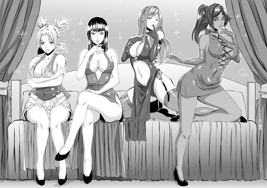 4girls ascot bare_shoulders bed bleach breasts cleavage crossed_legs crossover dark-skinned_female dark_skin dress eizen10 elbow_gloves erza_scarlet fairy_tail female female_only finger_to_mouth fingerless_gloves garter_straps gloves high_heels human kneeling long_hair looking_at_viewer monochrome multiple_girls naruto nico_robin one_piece parted_lips ponytail pre-timeskip quad_tails shihouin_yoruichi sitting smile temari thighhighs tied_hair