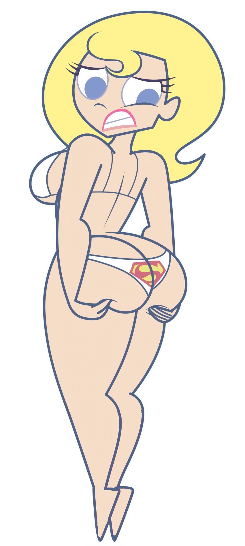 1girls ass ass_grab barefoot bikini blonde_hair blue_eyes curvy dc feet female from_behind grimphantom hourglass_figure kryptonian looking_back shoes_removed super_best_friends_forever supergirl superman_(series) white_background