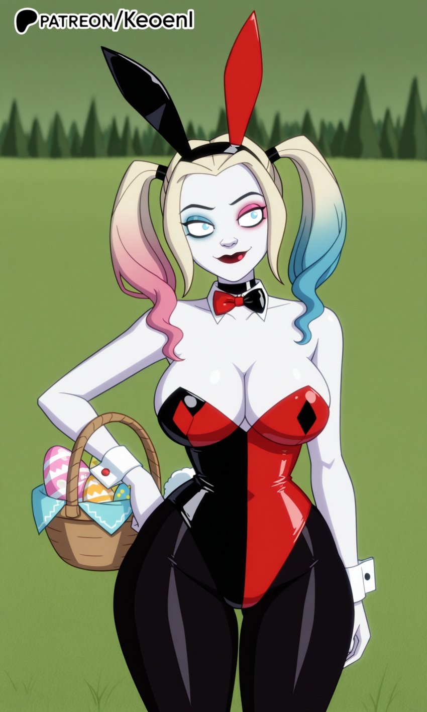 1girls ai_generated bare_shoulders big_ass big_breasts black_choker blonde_hair blue_eyes blue_hair breasts bunny_ears bunny_girl bunnysuit choker cleavage dc dc_comics easter easter_egg eyeshadow fake_animal_ears female gradient_hair hand_on_hip happy harley_quinn harley_quinn_(series) hi_res huge_breasts keoenl leotard lipstick long_hair makeup medium_breasts multicolored_hair outdoors patreon patreon_username pink_hair red_lips thick_thighs twintails white_skin
