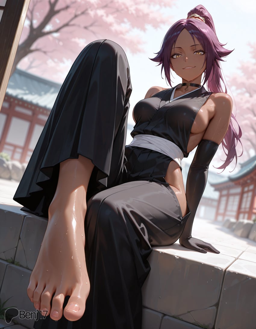ai_generated benj17 bleach breasts choker dark-skinned_female dark_skin feet feet_focus feet_up female foot_fetish foot_worship looking_at_viewer mature_female ponytail purple_hair shihouin_yoruichi sweat toenails toes yellow_eyes