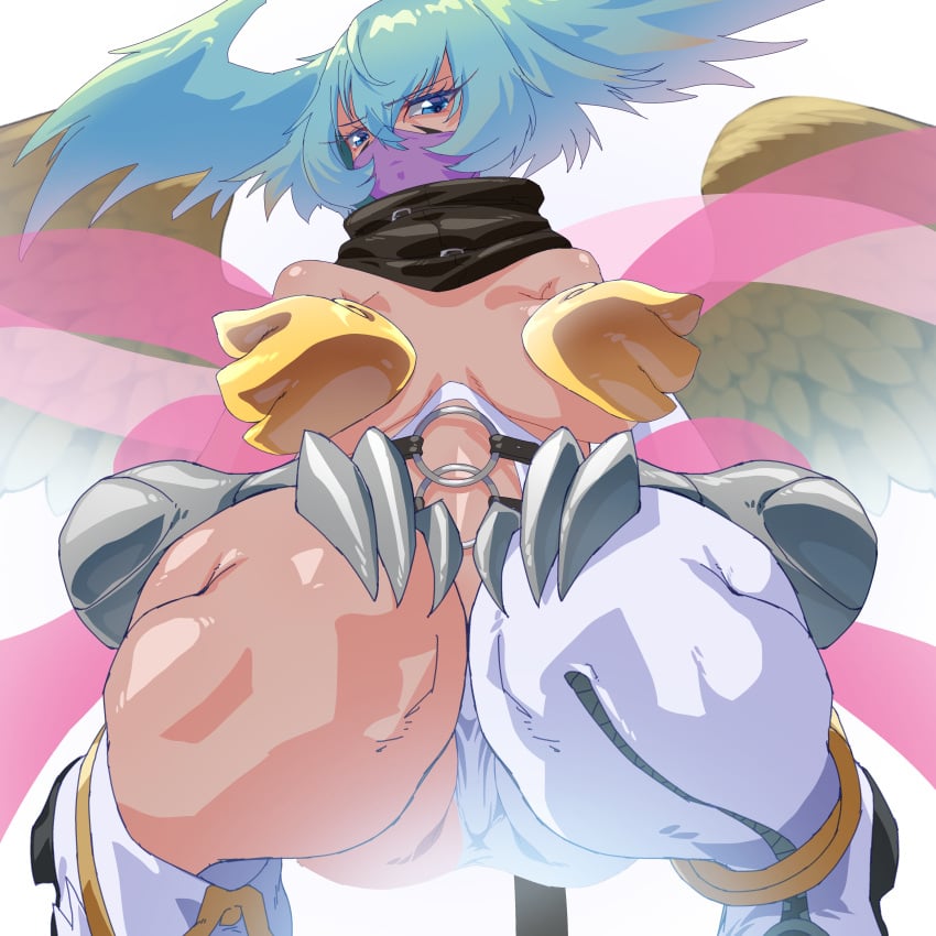 1girls asymmetrical_clothes bare_shoulders big_breasts breasts clothes_swap collarbone covered_mouth cute digimon digimon_(species) digital_media_(artwork) elbow_gloves feathered_wings female female_only gerusyu gloves head_wings highres large_breasts looking_at_viewer mask shiny_skin shutumon simple_background solo squatting wings wrist_wings zephyrmon