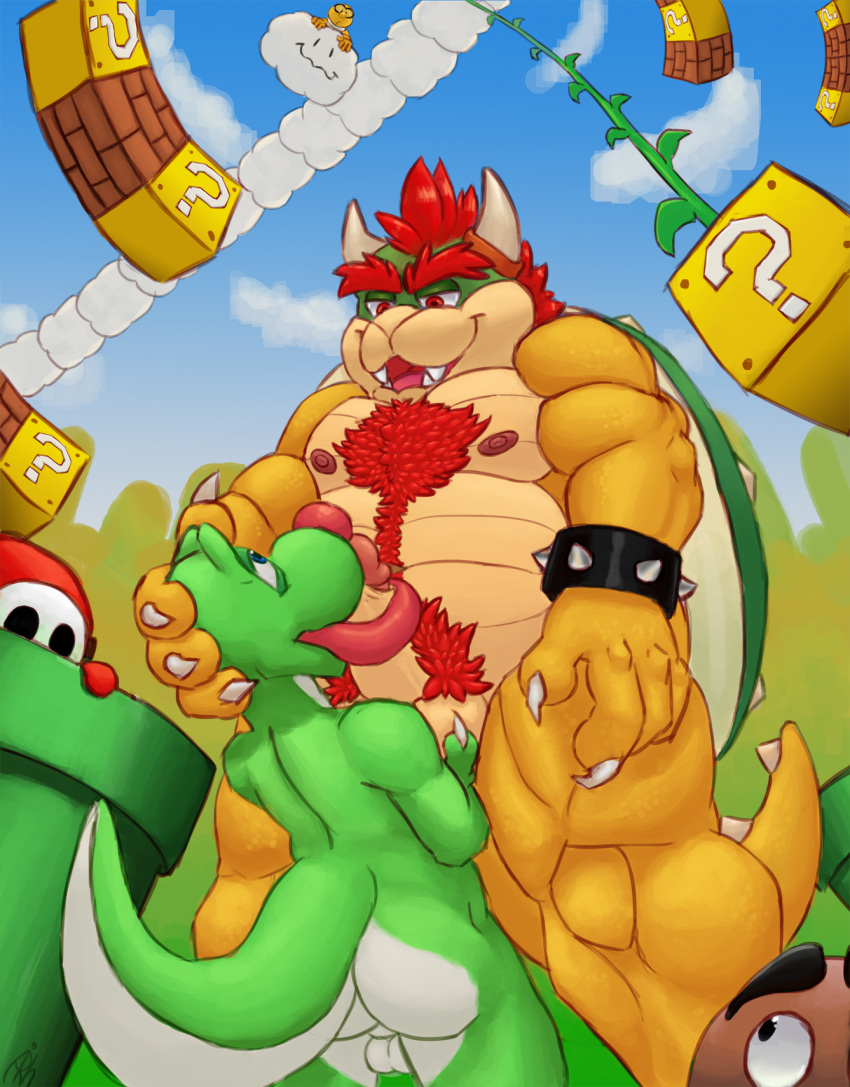 5boys archiblender ball_fondling balls bowser duo_focus fondling gay goomba koopa lakitu long_tongue looking_at_another male male_only mario_(series) multiple_boys nintendo oral outdoors penis protagonistsub_antagonistdom scalie sex shy_guy standing super_mario_bros. tail testicles tongue tongue_out tonguejob video_games yaoi yoshi