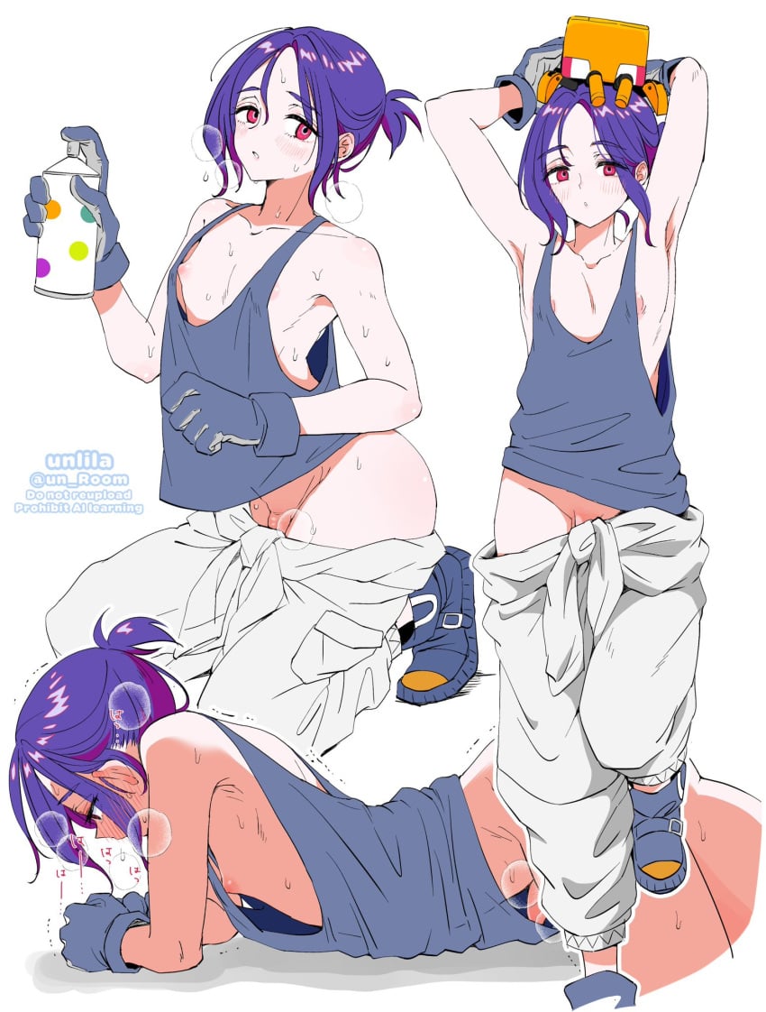 armpits arms_up femboy gloves gundam gundam_gquuuuuux male male_focus male_only multiple_views nagano_rira nipples pants pants_down penis penis_peek purple_hair red_eyes shirt shoes short_hair shuji_ito simple_background small_penis steam tank_top trap watermark white_background
