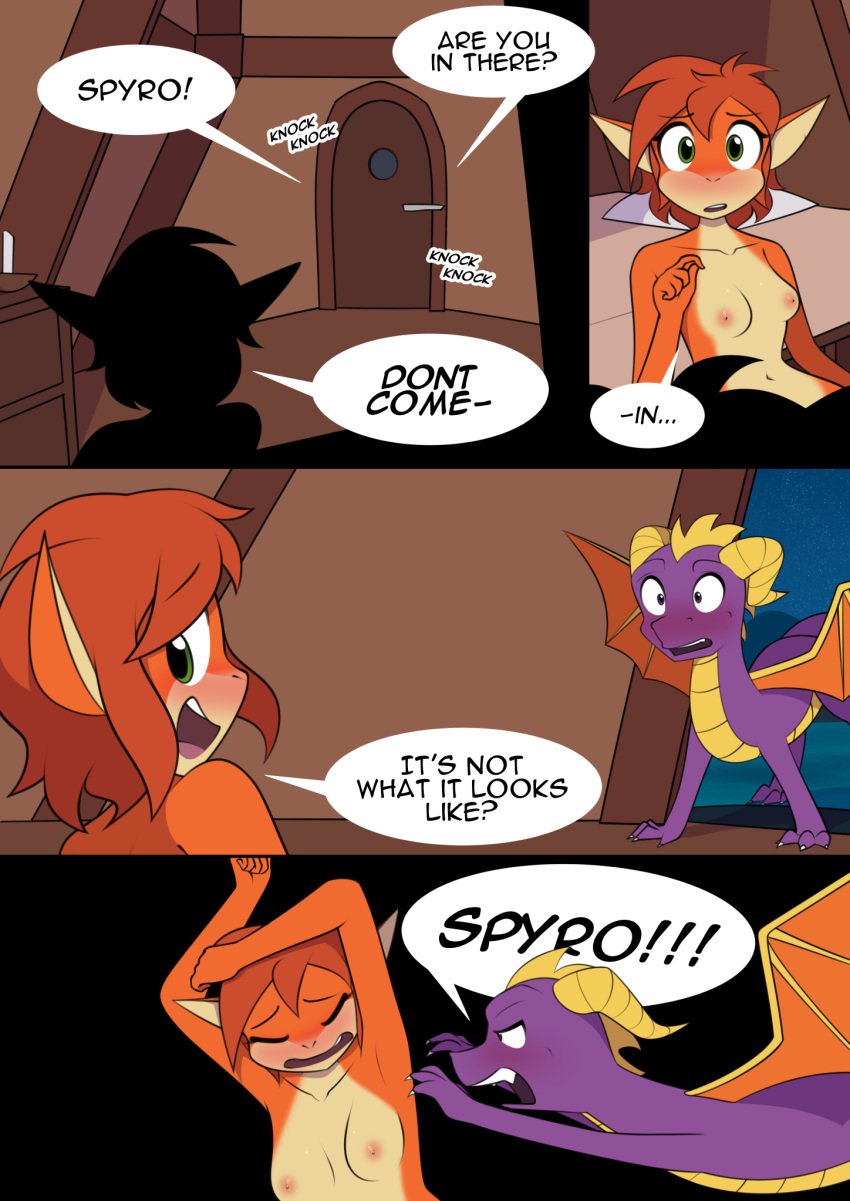 activision anthro attack belly blush body_swap breasts claws comic deer dialogue digital_media_(artwork) door dragon duo elora english_text faun faun_(spyro) female feral green_eyes hair hi_res horn knocking male mammal mythological_creature mythological_scalie mythology nude purple_eyes scalie shocked short_hair sourlemonade spyro spyro_the_dragon text wings