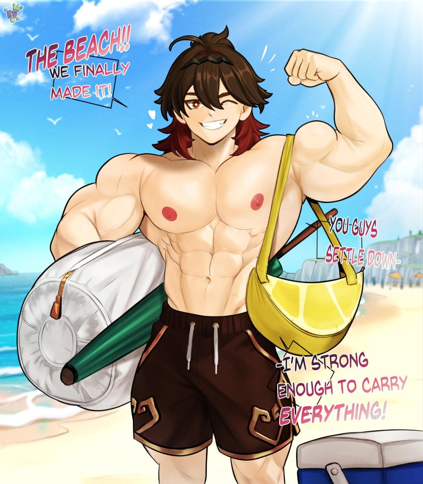 1boy bag beach blinking brown_hair cliffs cooler english_dialogue english_text flexing flexing_bicep gaming_(genshin_impact) genshin_impact gym_bag heart_symbol human kingdom_velvet lemon_print looking_at_viewer male male_only muscles muscular muscular_male parasol partially_clothed red_eyes red_hair red_hair_tips sea seaside sfw sfw_version showing_teeth sky smile smiling smiling_at_viewer solo solo_male sun sunlight sunshade swimming_trunks swimming_trunks_only swimsuit swimsuit_only talking_to_viewer watermark