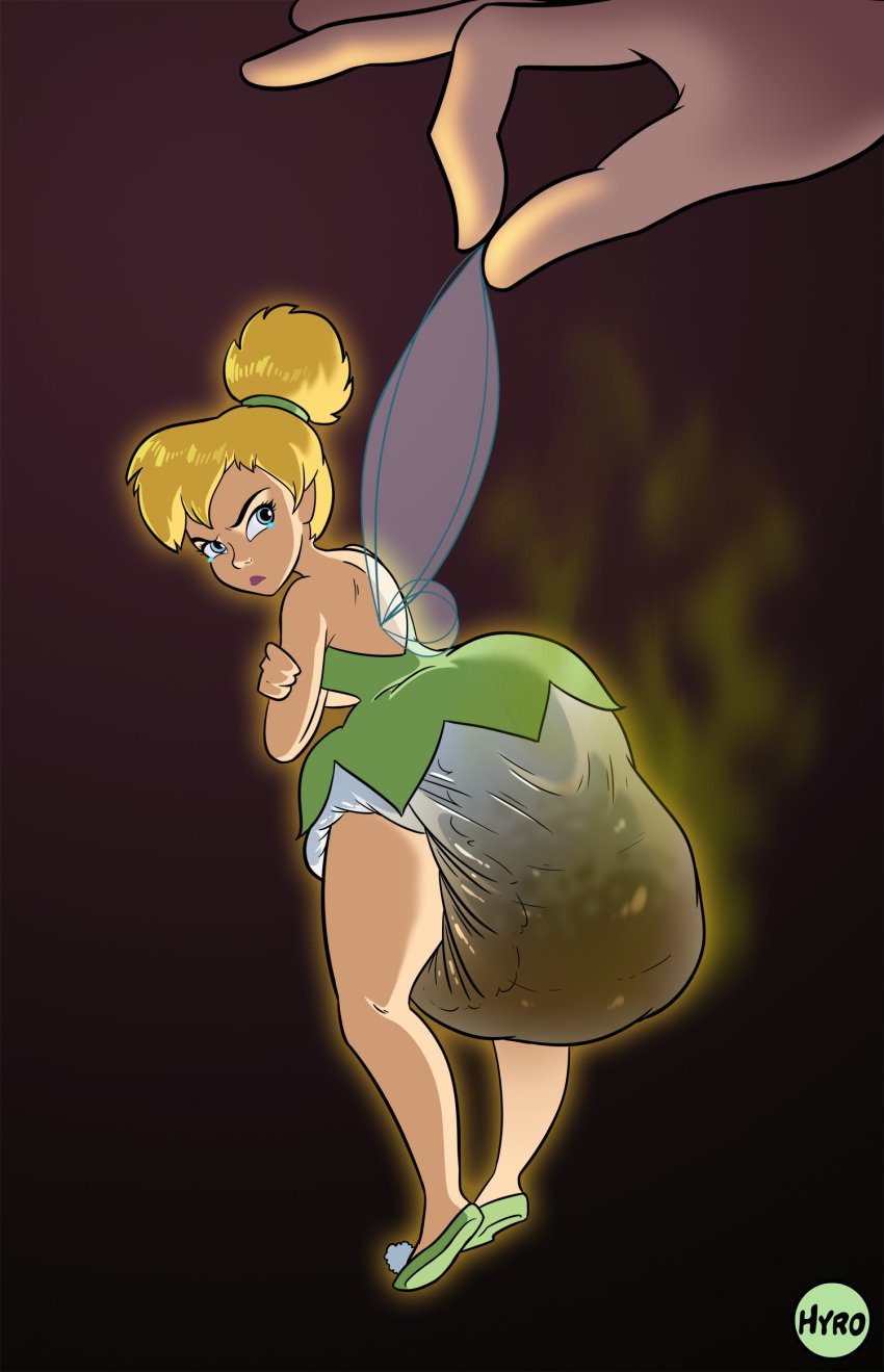 artist_signature blonde_hair clothing diaper digital_media_(artwork) disney fairy fairy_wings hyrosdiaperdivas messy_diaper peter_pan_(disney) pouting scat stink_lines tagme tears tinker_bell