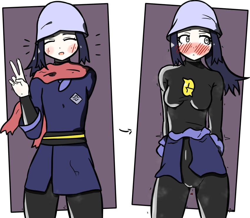 1girls 2020s 2025 5_fingers akari_(pokemon) alpha_channel black_bodysuit black_latex black_rubber blue_hair blue_jacket blush bodysuit bodysuit_under_clothes breasts cameltoe cap comic comic_strip dark_blue_hair embarrassed female female_focus female_only flustered game_freak grey_eyes hat heart_symbol hi_res human human_only illumina_(artist) jacket latex latex_clothing latex_suit nintendo peace_sign png pokemon pokemon_legends:_arceus posing purple_cap purple_hat red_scarf rubber rubber_clothing rubber_suit scarf shiny_clothes solo standing steam team_galactic trembling