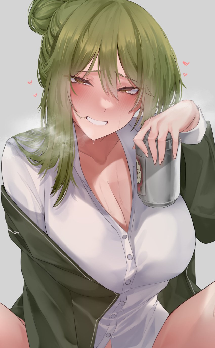 0ha 1girls beer big_breasts blush bottomless breasts brown_eyes female genderswap_(mtf) green_hair heart library_of_ruina looking_at_viewer netzach_(project_moon) open_shirt partially_clothed presenting project_moon rule_63 smile sweat