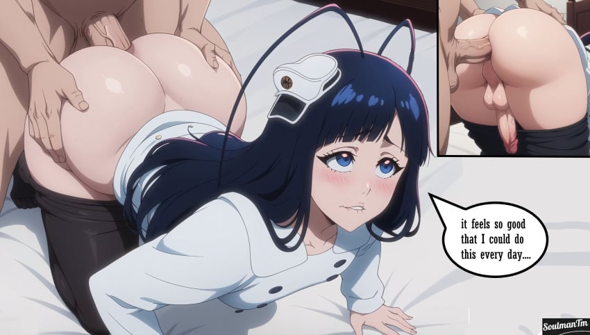 1boy 1femboy ai_generated anal anal_doggy anal_insertion anal_orgasm anal_sex anime artist_logo artist_name ass ass_focus ass_up assfuck balls black_hair bleach bleach:_the_thousand-year_blood_war butt_focus buttsex cock cock_on_butt dialog dialogue dick doggy doggy_style face_down face_down_ass_up femboy gay gay_anal gay_sex girl_with_penis giselle_gewelle looking_at_viewer male manga nude penis penis_in_ass quincy_(bleach) room sex side_view soulmantm sternritter trans_woman transfem two_angles white_body white_skin