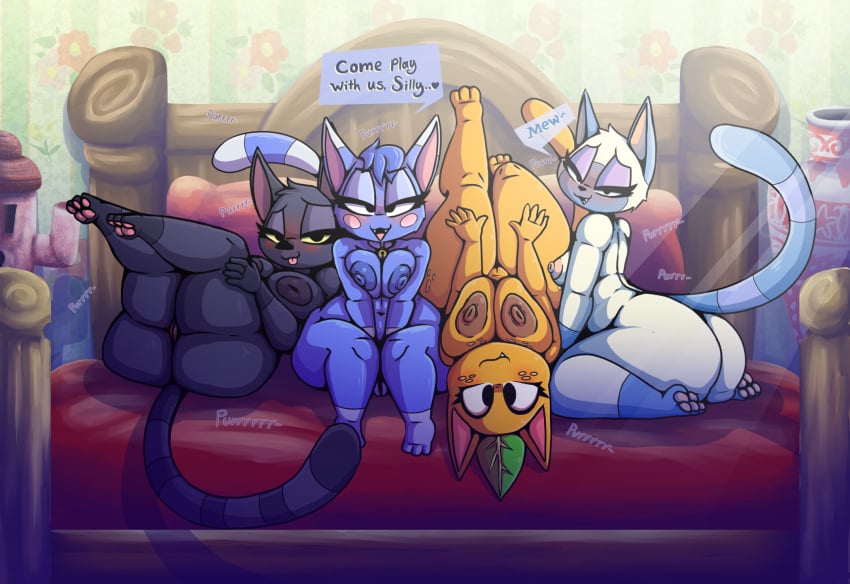 animal_crossing anthro ass bed big_breasts big_butt black_body black_fur blue_body blue_fur breasts crossing_(disambiguation) felid feline female fur furniture genitals group gyroid hi_res iguanasarecool inside invalid_tag kiki_(animal_crossing) mammal markings mitzi_(animal_crossing) nintendo orange_body pussy rosie_(animal_crossing) tail tangy_(animal_crossing) thick_thighs vase white_body white_fur wide_hips