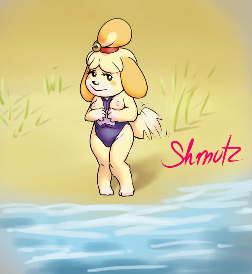 animal_crossing breasts flashing furry isabelle_(animal_crossing) nintendo shmutz-art straight_hair video_games