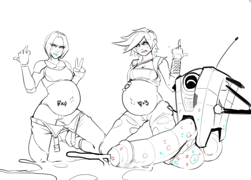1boy 2025 2girls angry balls big_balls big_belly big_penis borderlands boxman claptrap female flipping_off huge_cock hyper_penis large_balls large_penis leaking_cum lilith_(borderlands) lipstick_mark male maya_(borderlands) peace_sign penis pregnancy_tally pregnant pregnant_female pregnant_with_multiples robot robot_boy sketch