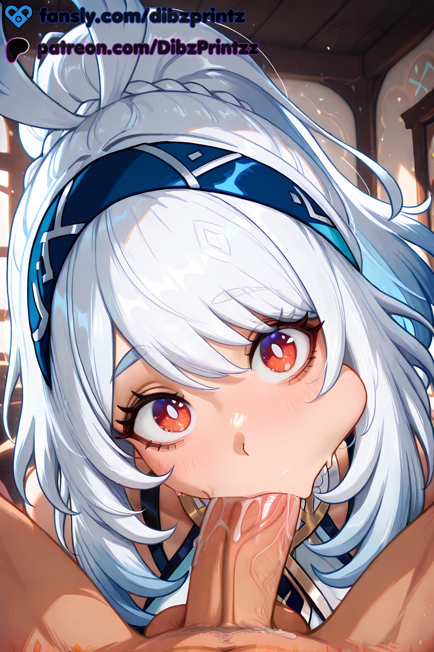 1boy 1girls ai ai_assisted ai_generated anime artist_name blue_hairband blush cheek_bulge cum_in_mouth dibzprintz erection fansly fellatio female genshin_impact hairband hi_res high_quality high_resolution highres long_hair looking_at_viewer male male_pubic_hair mualani_(genshin_impact) oral patreon_username penis ponytail pov pubic_hair red_eyes solo_focus straight uncensored veins watermark white_hair
