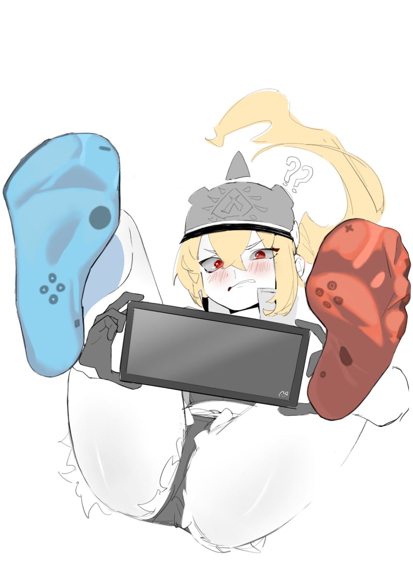 1girls blonde_hair different_socks embarrassed feet feet_together_knees_apart feet_up foot_fetish foot_focus foot_play imminent_foot_worship legs luciana_de_montefio nintendo nintendo_switch shorts socks spread_legs thighs x4archer zenless_zone_zero