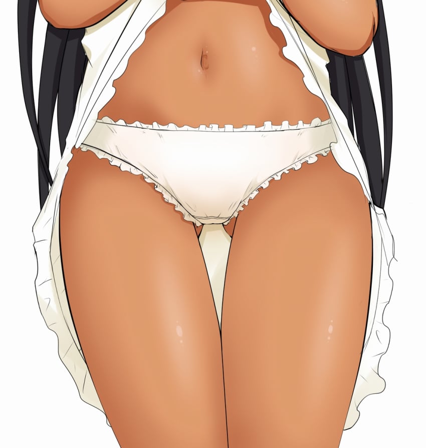 1girls black_hair dark-skinned_female dark_skin dress_lift female itari-shitsuitari mutou_hana navel panties solo thigh_gap white_background