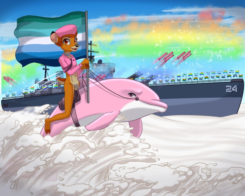 adolescent anthro bambi bambi_(film) cetacean chastity_cage chastity_device clothing deer dgemporium dildo disney dolphin lgbt_pride male mammal marine military military_uniform navy navy_uniform phallic_chastity_device pride_color_flag pride_colors rainbow_pride_colors reins saddle sex_toy ship stated_sexuality super_gay toothed_whale uniform vehicle vincian_pride_colors watercraft young