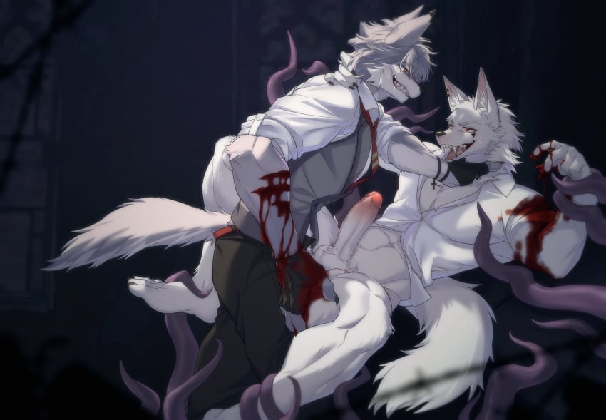 absurd_res anal anal_sex anthro balls blood bodily_fluids bottomwear canid canine canis claw_marks claws clothed clothing collared_shirt crucifix domestic_dog dress_shirt drooling dtrreuaem duo erection facial_markings fangs finger_claws fingerless_gloves fluffy fluffy_tail fur genitals gloves grey_body grey_fur hand_around_neck handwear head_markings hi_res humanoid_genitalia kemono male male/male mammal markings multicolored_body multicolored_fur necktie pants pantsless penetration penis pointy_ears priest saliva sex shirt sweat sweatdrop tail teeth tentacle topwear two_tone_body two_tone_fur vampire white_body white_fur wolf
