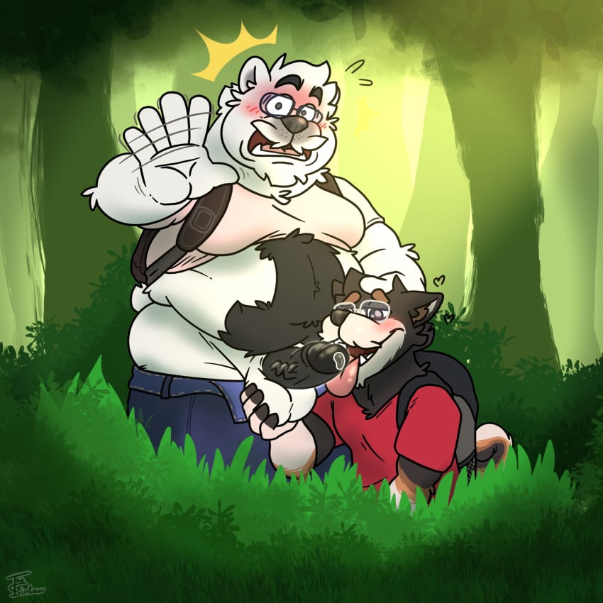 1:1 2025 anthro backpack balls bear belly big_belly blush bodily_fluids body_hair bottomwear bottomwear_down burr_(thetauren) canid canine canis caught_in_the_act chip_(gayandfragile) clothed clothes_sex clothing detailed_background domestic_dog duo emanata erection eyewear facial_tuft fellatio foreskin genital_fluids genitals glasses grass hand_on_head happy_trail hi_res holding_balls humanoid_hands licking looking_at_viewer looking_pleasured male male/male mammal moobs open_bottomwear open_clothing open_pants oral outside outside_sex overweight overweight_male pants pants_down partially_clothed penile penis penis_lick plant polar_bear precum public public_sex raised_clothing raised_shirt raised_topwear sex shiba_inu shirt spitz surprised_expression thetauren tongue topwear tuft ursine
