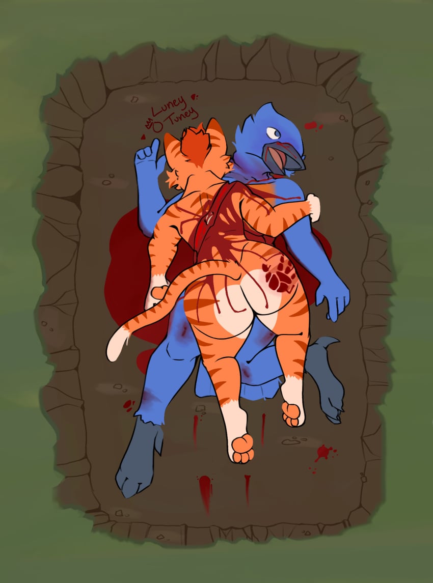 anthro ass ass_up avian big_butt bird blood blood_pool bluebird bodily_fluids broken_neck bruised death double_kill duo eastern_bluebird felid feline gore grave hand_print hand_print_on_butt hi_res laying_on_another luneytuney lying male male/male male_death mammal neptune_mereaux nosebleed on_back on_front oscine passerine snuff spine thrush_(bird) wound_on_back wounded