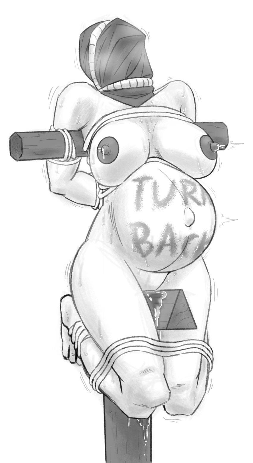 1girls belly_writing big_belly big_breasts bloated_belly body_writing bondage bondage dark_nipples erect_nipples female female_focus female_only hood kilogram lactating lactation lactation_without_expressing masked masked_female naked navel nude outie_navel pain pregnant rope rope_bondage sweat torture vaginal_fluids warning_sign wooden_horse