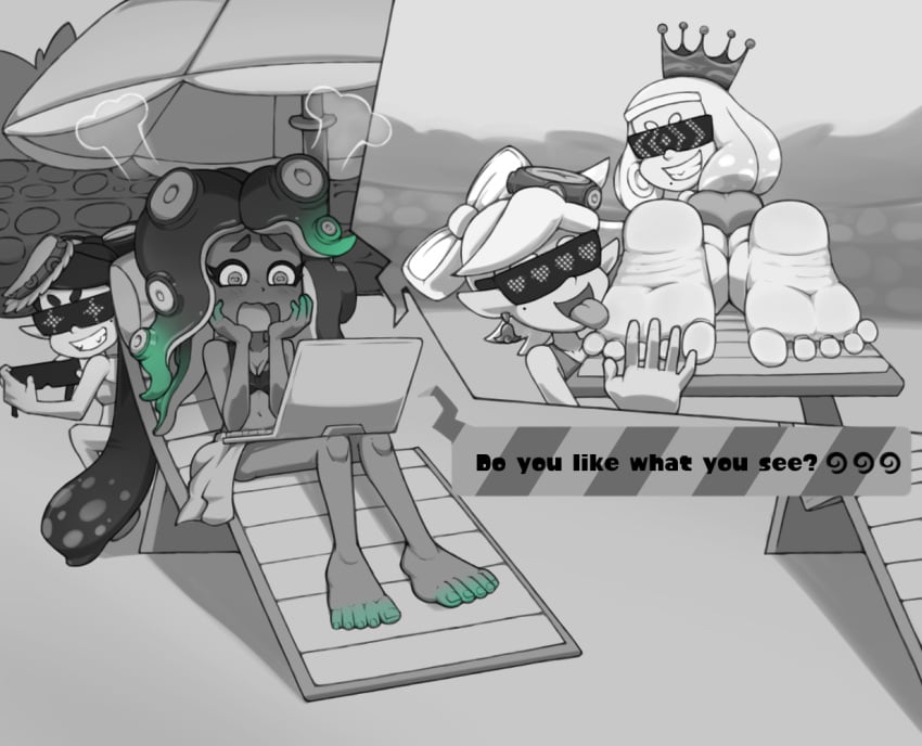 barefoot beach beach_chair bikini blush callie_(splatoon) feet foot_fetish foot_focus foot_lick foot_worship hypno_shades_(splatoon) hypnosis imminent_hypnosis inkling inkling_girl laptop licking_feet marie_(splatoon) marina_(splatoon) message mind_control monochrome nintendo octoling octoling_girl octopus_girl off_the_hook_(splatoon) pearl_(splatoon) pentaguy shocked shocked_expression splatoon splatoon_2 steam toes umbrella