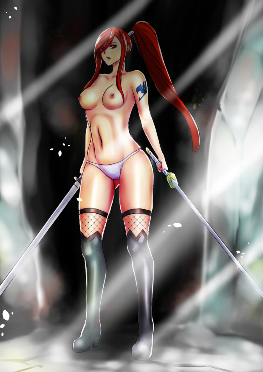 boots breasts dual_wielding eizen10 erza_scarlet fairy_tail female fishnets katana long_hair nipples outdoors panties parted_lips ponytail red_eyes red_hair solo standing sunbeam sunlight sword tattoo tied_hair topless underwear weapon white_panties