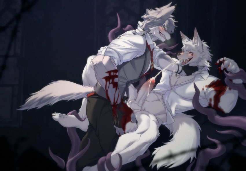 absurd_res anal anal_sex anthro balls blood blush bodily_fluids bottomwear canid canine canis claw_marks claws clothed clothing collared_shirt crucifix cum cum_in_ass cum_inside domestic_dog dress_shirt drooling dtrreuaem duo ejaculation erection facial_markings fangs finger_claws fingerless_gloves fluffy fluffy_tail fur genital_fluids genitals gloves grey_body grey_fur hand_around_neck handwear head_markings hi_res humanoid_genitalia kemono male male/male mammal markings multicolored_body multicolored_fur necktie pants pantsless penetration penis pointy_ears priest saliva sex shirt sweat sweatdrop tail teeth tentacle topwear two_tone_body two_tone_fur vampire white_body white_fur wolf