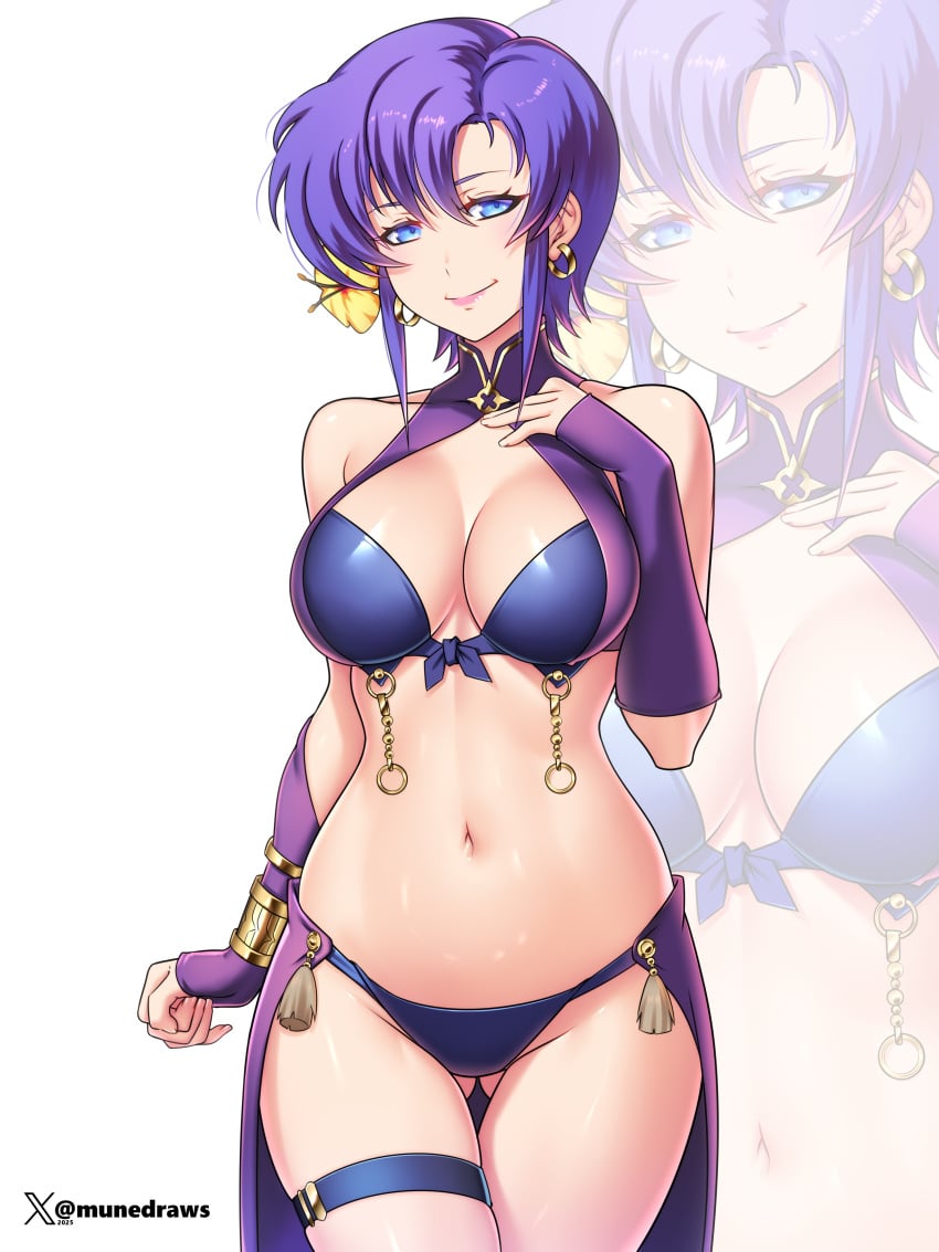 1girls absurdres arm_up ass_visible_through_thighs bikini blue_bikini blue_eyes breasts earrings etchimune female fire_emblem fire_emblem:_the_blazing_blade fire_emblem_heroes flower hair_flower hair_ornament halterneck hand_on_own_chest highres hoop_earrings jewelry large_breasts looking_at_viewer navel official_alternate_costume purple_hair short_hair smile solo swimsuit ursula_(fire_emblem) ursula_(summer)_(fire_emblem)