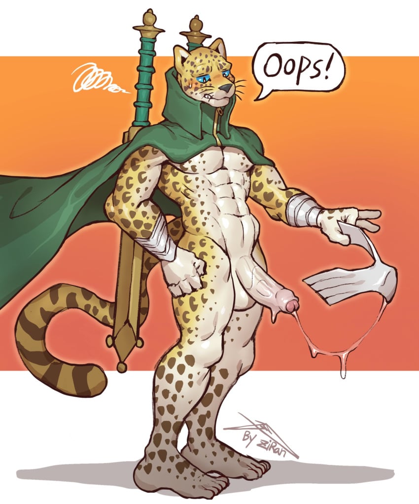 2025 abs anthro armwear atlus balls bodily_fluids bottomless cape cape_only clothed clothing codpiece cum cum_drip dialogue digital_drawing_(artwork) digital_media_(artwork) dripping embarrased_horny embarrassed erection felid fur genital_fluids genitals green_eyes hi_res humanoid_genitalia humanoid_penis leopard male male_only mammal markings megami_tensei melee_weapon mostly_nude muscular muscular_anthro nude ose_(megami_tensei) pantherine pecs penis precum sega signature simple_background solo spots spotted_markings standing sweat sweatdrop sword tail thong underwear undressing weapon whiskers white_body white_fur yellow_body yellow_fur ziran