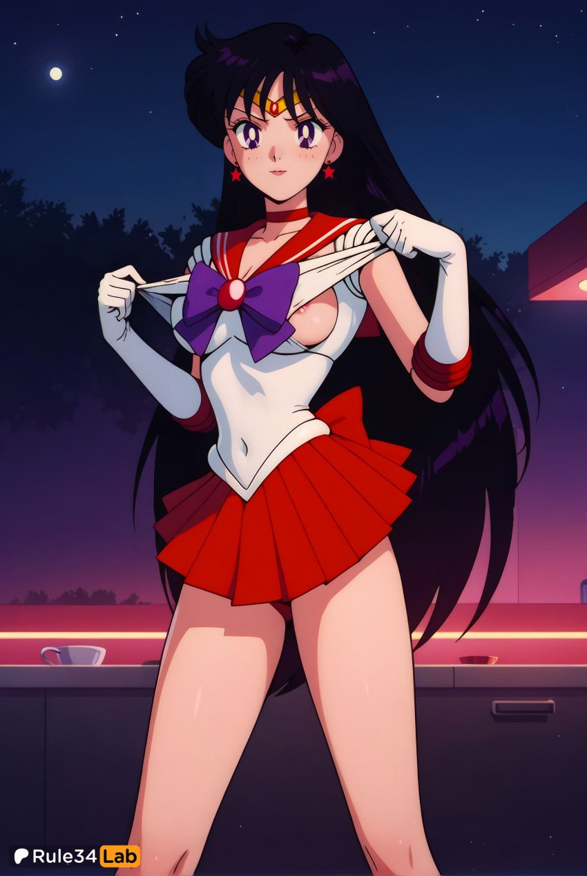 1girls ai_generated areola_slip artist_name back_bow bishoujo_senshi_sailor_moon black_hair blush bow bowtie breasts choker circlet closed_mouth clothes_lift collarbone covered_navel earrings elbow_gloves female flashing full_moon gem gloves hi_res jewelry leotard leotard_pull lifted_by_self long_hair looking_at_viewer magical_girl medium_breasts miniskirt moon night night_sky nipple_slip nipples no_bra outdoors pink_nipples pleated_skirt purple_bow purple_eyes red_bow red_choker red_sailor_collar red_skirt rei_hino rule34lab sailor_collar sailor_mars sailor_senshi_uniform shirt shirt_lift skirt sky solo standing star_\(sky\) star_\(symbol\) star_earrings starry_sky tiara very_long_hair white_gloves white_leotard white_shirt