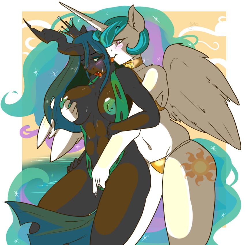 2014 3d alicorn anthro anthrofied big_breasts black_body blue_hair blush breast_grab breasts changeling chrylestia cutie_mark duo equine female fingering friendship_is_magic fur furry geeflakes green_eyes grope horn huge_breasts mammal multicolored_hair my_little_pony nipples one_eye_closed open_mouth panties princess_celestia_(mlp) purple_eyes queen_chrysalis_(mlp) smooth_skin sweat swimsuit tongue tongue_out underwear white_fur wings yuri