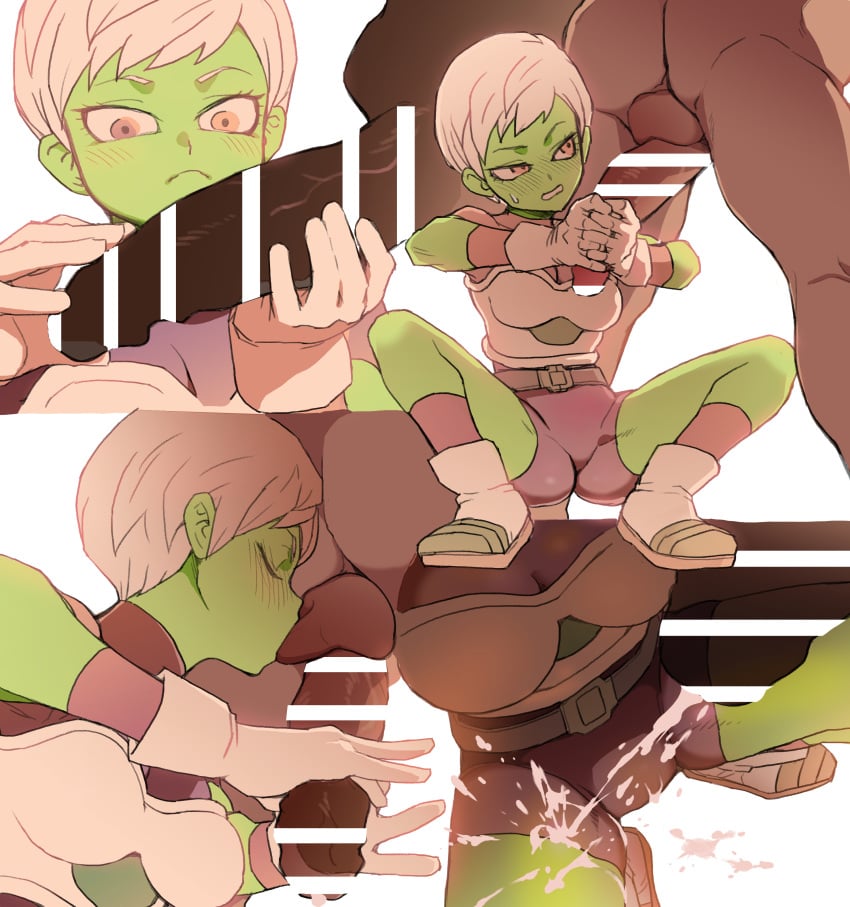 1boy absurdres alien armband armor balls bar_censor belt blush bodysuit boots breasts censored cheelai clothed_female_nude_male clothed_sex colored_skin cuirass cum cum_on_body cum_on_clothes cum_on_legs cyrano_(aazzss3) double_handjob dragon_ball dragon_ball_super ejaculation female gloved_handjob gloves green_skin handjob highres kissing_balls large_penis male medium_breasts milking_handjob multiple_views nude penis penis_milking projectile_cum purple_armband purple_bodysuit purple_socks reverse_grip_handjob short_hair simple_background skin_tight socks solo_focus squatting testicles veins veiny_penis white_armor white_background white_boots white_gloves white_hair yellow_eyes
