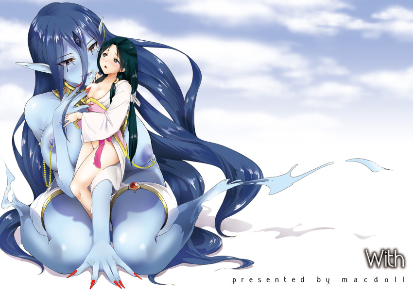 2girls armlet black_eyes black_hair blue_eyes blue_hair blue_skin bottomless breasts chains cover cover_page djinn doujin_cover female fingernails genie hair_down hair_tubes huge_breasts jewelry large_breasts long_fingernails long_hair lots_of_jewelry magi:_the_labyrinth_of_magic multiple_girls necklace nipple_piercing nipples paimon piercing pointy_ears ren_hakuei shijou_mako size_difference water yuri