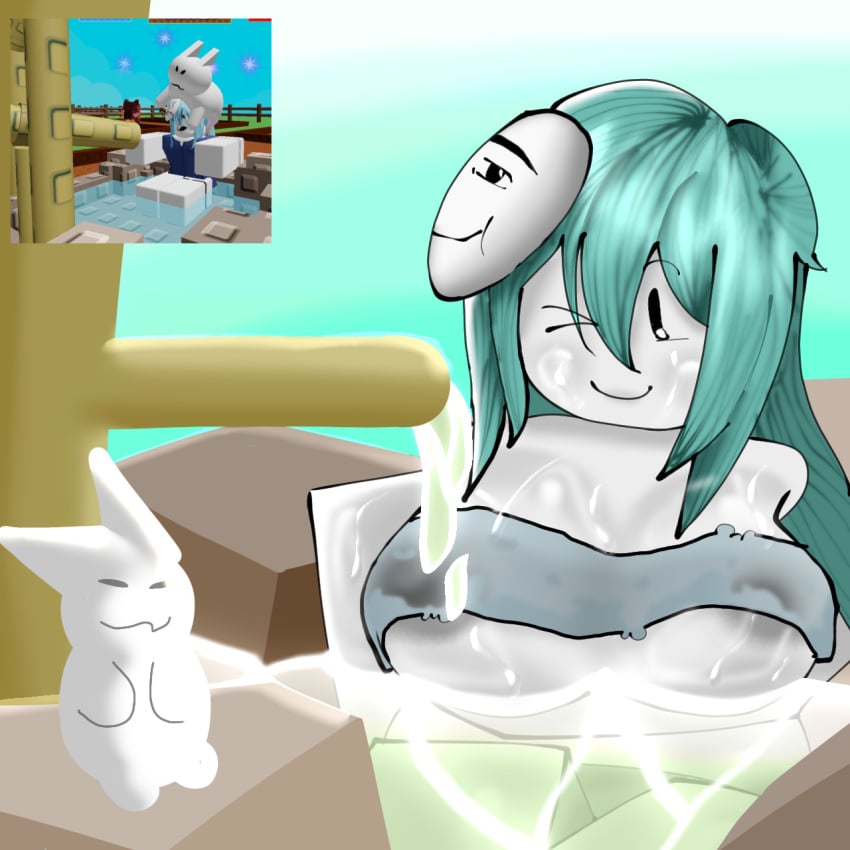 1girls artist_request big_breasts blocky_body blue_hair breasts female grow_a_garden gubby mask onsen reference_image roblox roblox_avatar roblox_game robloxian smile tagme water wet white_skin