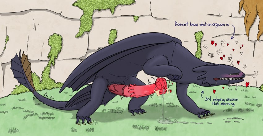 animal_genitalia bodily_fluids claw_marks claws clenched_teeth cloaca cloacal_penis disembodied_hand dragon dreamworks dripping drooling edging european_mythology feral flared_penis fury_(httyd) genital_fluids genitals heart_symbol how_to_train_your_dragon leaking_precum male male/male musk musk_cloud musky_penis mythological_creature mythological_scalie mythology night_fury penis precum precum_drip reverie_(artist) saliva scalie shaking solo story story_in_description tail teeth text toothless tremble_lines tremble_spikes trembling western_dragon wings