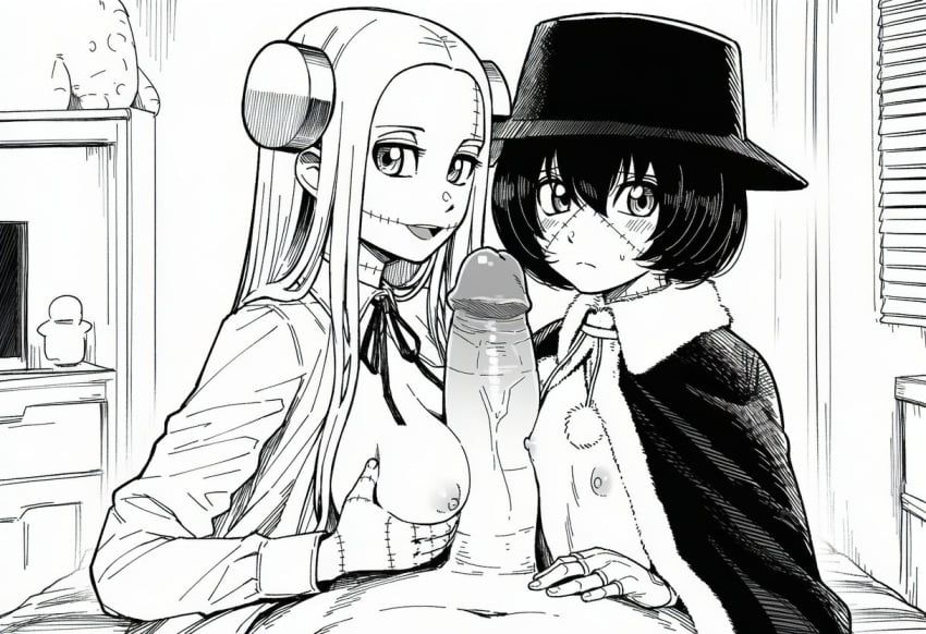 1boy 2girls ai_generated black_and_white bolts breasts clothed clothes clothing coat double_paizuri double_titfuck double_titjob female flat_chest franken_fran hand_on_breast hat long_hair looking_at_viewer madaraki_fran madaraki_veronica male manga_style medium_breasts monster_girl naizuri nipples paigen paizuri patchwork_skin penis pov scar shirt short_hair stitches titfuck titjob zombie zombie_girl