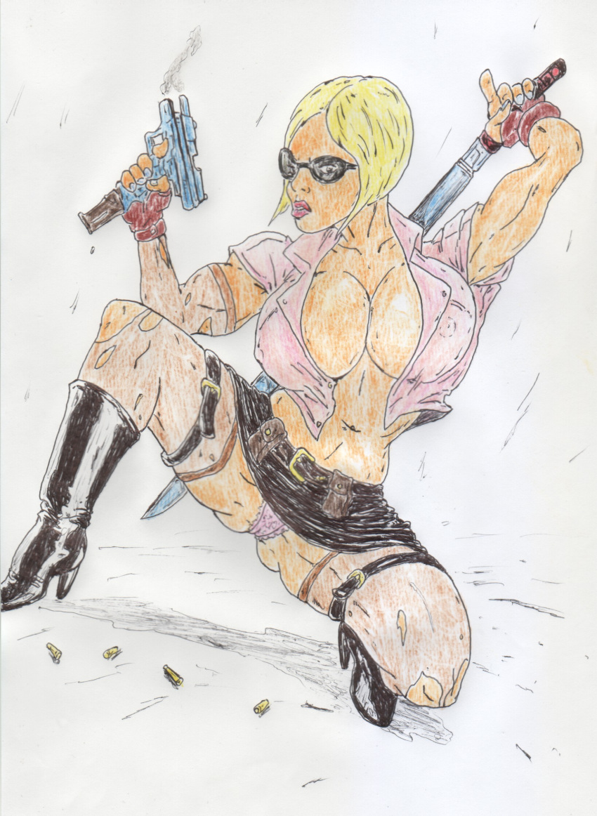 1girls agent blonde_hair female full_body legs mini_skirt miniskirt no_bra nude pantyshot pink_panties pistol shell_casing simple_background solo squatting sunglasses sword tagme unbuttoned_shirt war weapon white_background