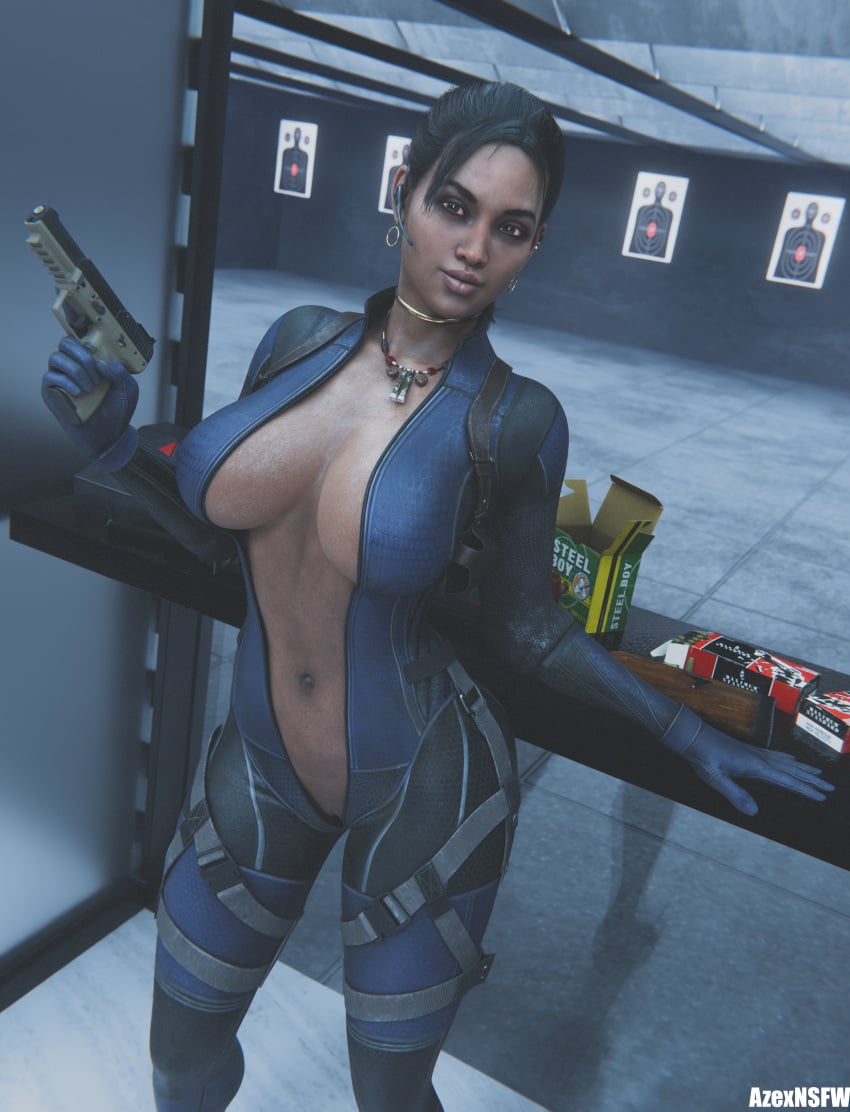 3d african african_female alternate_version_at_source azexnsfw bandolier battlesuit big_breasts black_hair blender breasts brown_eyes dark-skinned_female dark_skin earrings female female_focus female_only gun indoors looking_at_viewer necklace pistol pistol_in_hand ponytail posing posing_for_the_viewer resident_evil resident_evil_5 sheva_alomar shooting_range short_hair solo solo_female solo_focus suit