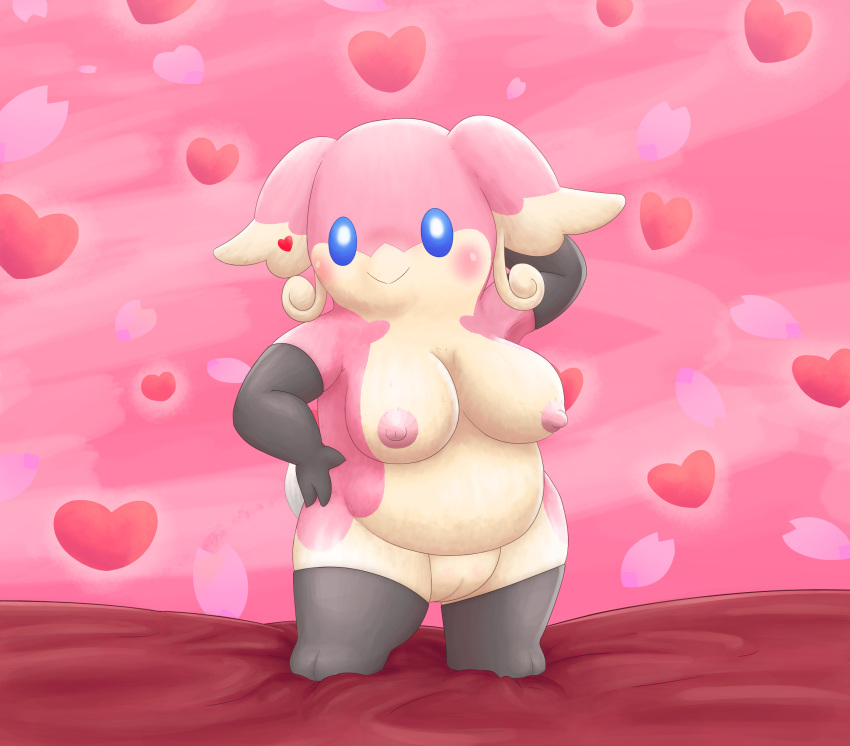 audino big_breasts blue_eyes blush breasts chubby elbow_gloves female gloves lingerie looking_at_viewer nintendo ole pokemon pose pussy smile solo standing stockings video_games