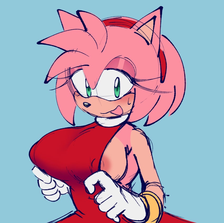 1girls amy_rose areola_slip areolae big_breasts blush bust busty clothes_too_small cowboy_shot green_eyes huge_breasts nervous ninotrash nipple_bulge nipples_visible_through_clothing pink_fur sideboob solo sonic_(series) sonic_the_hedgehog_(series)