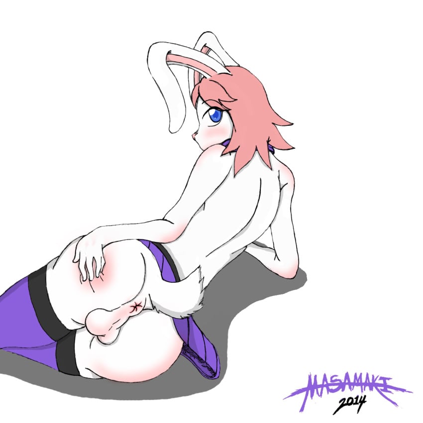 2014 anthro anus ass balls blue_eyes blush clothing crossdressing fur girly hair lagomorph looking_at_viewer looking_back male mammal masamaki plain_background presenting presenting_hindquarters puffy_anus rabbit skirt solo spreading stockings wide_hips