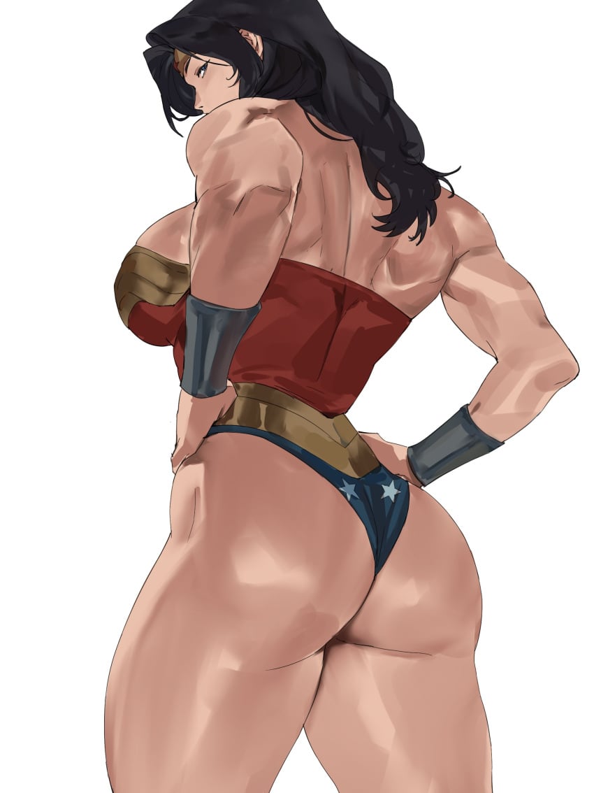 1girls ass back_view black_hair breasts busty cleavage dc dc_comics enargeia female female_only light-skinned_female light_skin looking_at_viewer looking_over_shoulder muscular muscular_female solo solo_female superheroine thick_ass thick_thighs thighs white_background wonder_woman wonder_woman_(series)