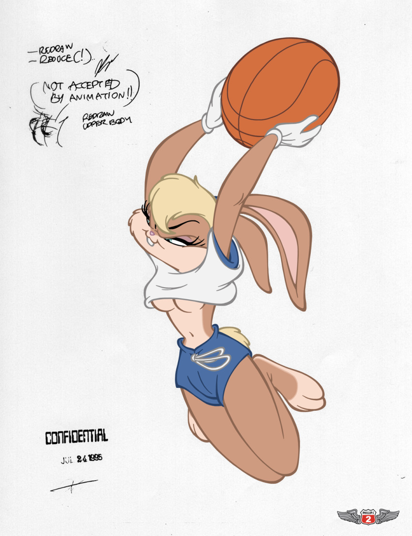 1990s 1995 20th_century anthro bobguthrie character_sheet color female female_only fur furry lola_bunny official_art phillipthe2 rabbit short_shorts solo space_jam underboob white_background