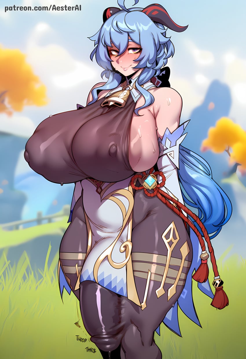 1futa aesterai ahoge ai_generated alternate_breast_size areola_slip artist_name bare_shoulders bell big_breasts big_penis blue_hair blurry blurry_background blush bodystocking breasts bulge covered_nipples covered_penis cowbell curvy day detached_sleeves erection erection_under_clothes futa_only futanari ganyu_(genshin_impact) genshin_impact gloves goat_horns gold_trim grass hair_between_eyes horns huge_breasts huge_cock huge_nipples large_breasts light-skinned_futa long_hair looking_at_viewer mature_female mature_futa neck_bell outdoors pantyhose penis sideboob sidelocks signature smile solo standing sweat thick_thighs thighs wide_hips