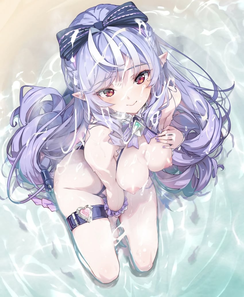 1girls areolae artist_request beach breasts colored_nails cum cum_on_body cum_on_breasts cum_on_face cum_on_hair drill_hair elf elf_female elf_girl female_focus female_only long_hair long_nails looking_at_viewer looking_up medium_breasts mole mole_under_eye nipples ocean open_mouth open_smile painted_nails pointy_ears purple_hair purple_nails red_eyes sitting solo solo_female vivian_banshee vivian_banshee_(iris_of_the_shore) water zenless_zone_zero