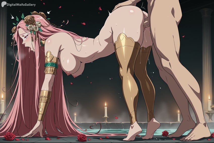 1boy 1girl ai_generated all_fours aphrodite_(hades)_(cosplay) armlet ass barefoot bent_over blush bracer breasts candle candlelight digitalwaifugallery doggystyle flower from_side hair_flower hair_ornament hanging_breasts hetero hi_res high_quality high_resolution large_breasts long_hair nipples nude one_piece open_mouth patreon patreon_username penis petals pink_eyes pink_hair pussy_juice rose seductive sex sex_from_behind sexy thighhighs tiptoes tongue tongue_out uncensored vaginal very_long_hair watermark