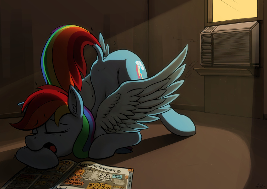 2014 absurd_res advertisement air_conditioner all_fours ass cutie_mark dimfann english_text equine female feral friendship_is_magic hair hi_res interior mammal masturbation moan multicolored_hair my_little_pony newspaper nude open_mouth pegasus rainbow_dash_(mlp) rainbow_hair raised_tail solo text window wings